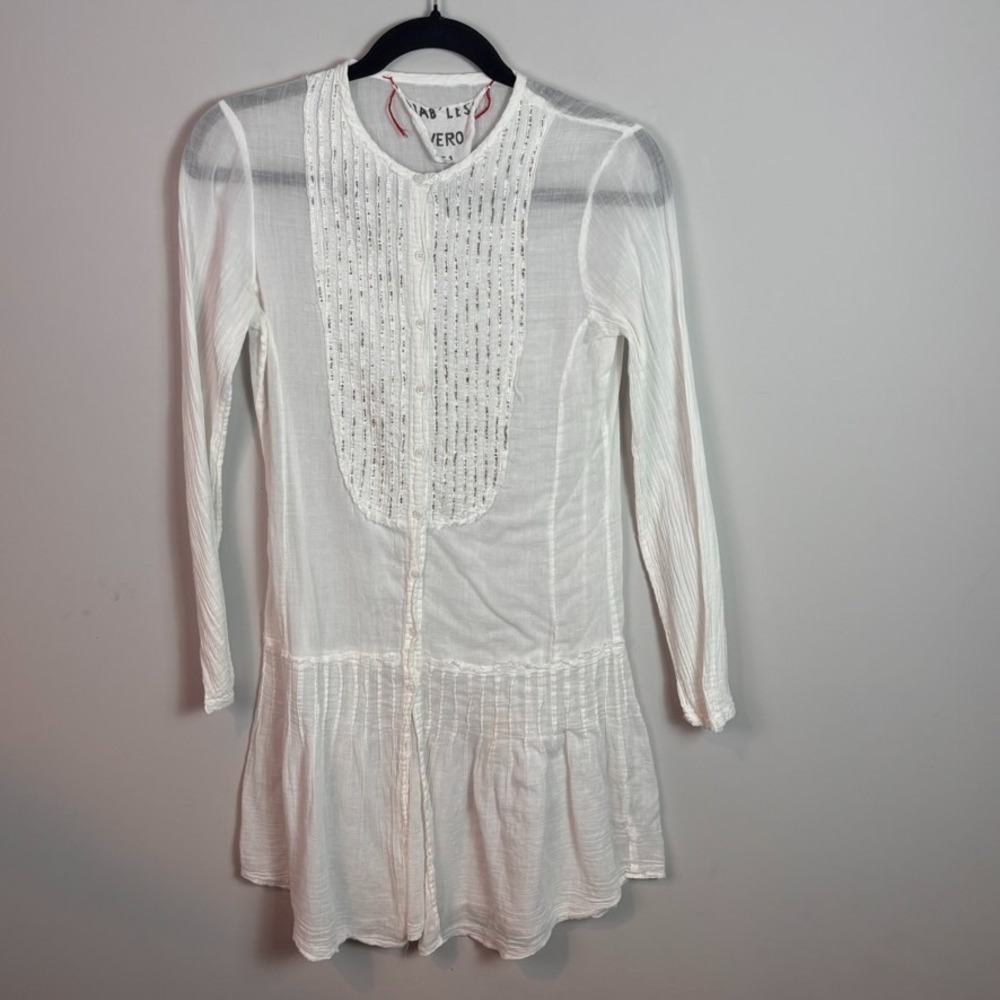 Diab'less Womens 100% Cotton White Sheer Beaded Long Sleeve Mini Dress sz 1/ XS